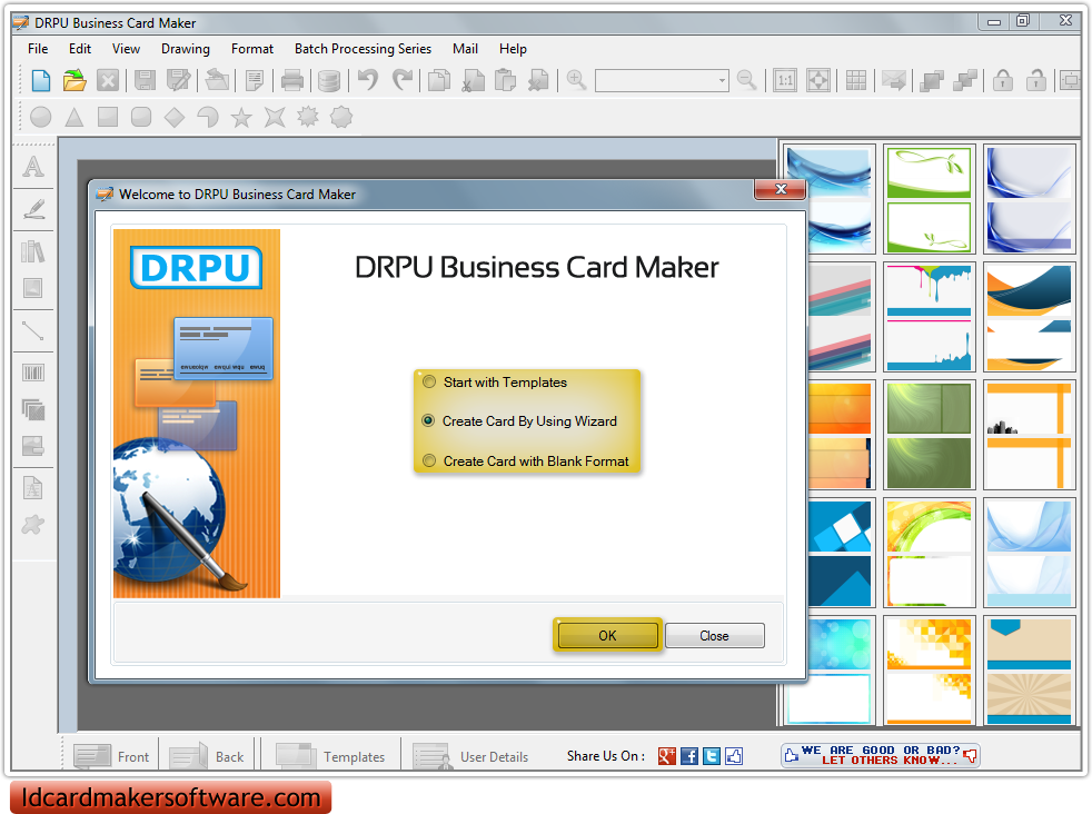 Screenshots of business card maker software to design commercial cards