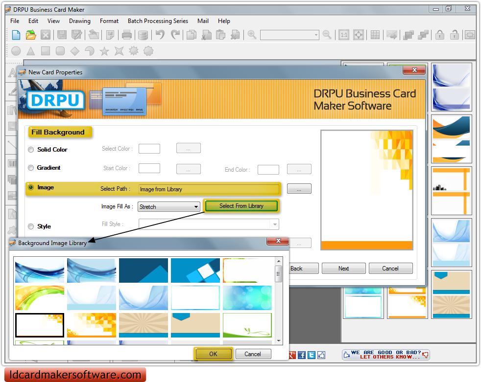 Screenshots of business card maker software to design commercial cards
