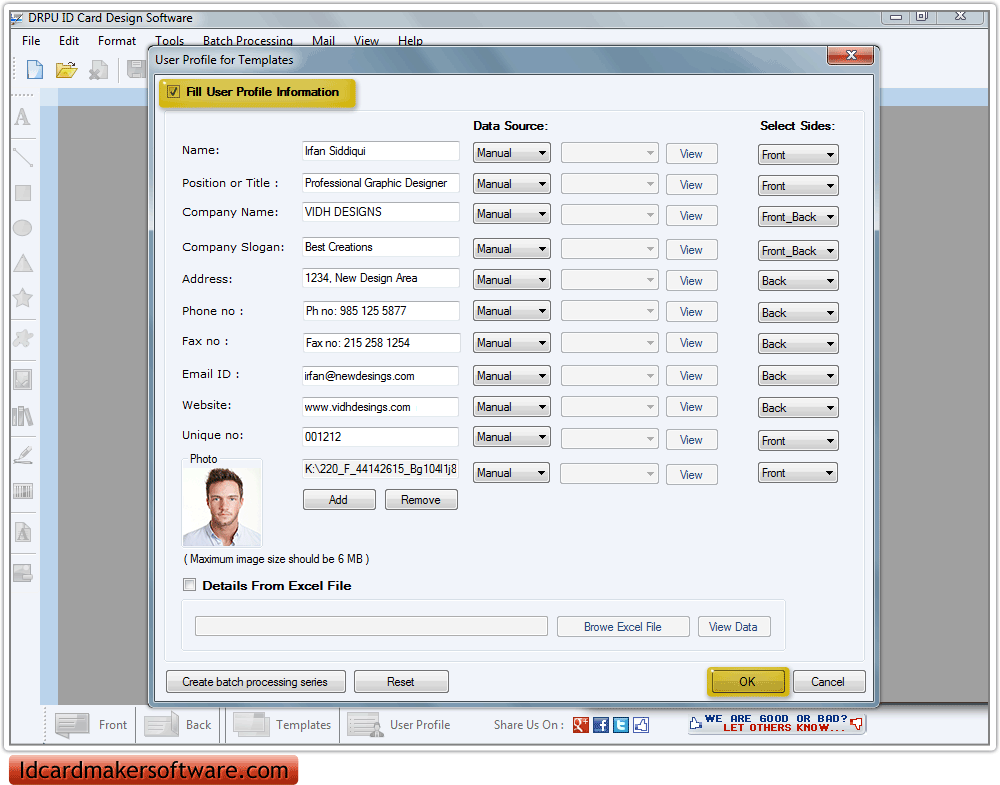 Screenshots of ID Card Maker Software to create ID cards badges tags